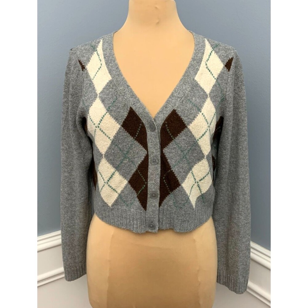 American Eagle Sweater Womens M Argyle Cardigan Long Sleeve Cropped Preppy